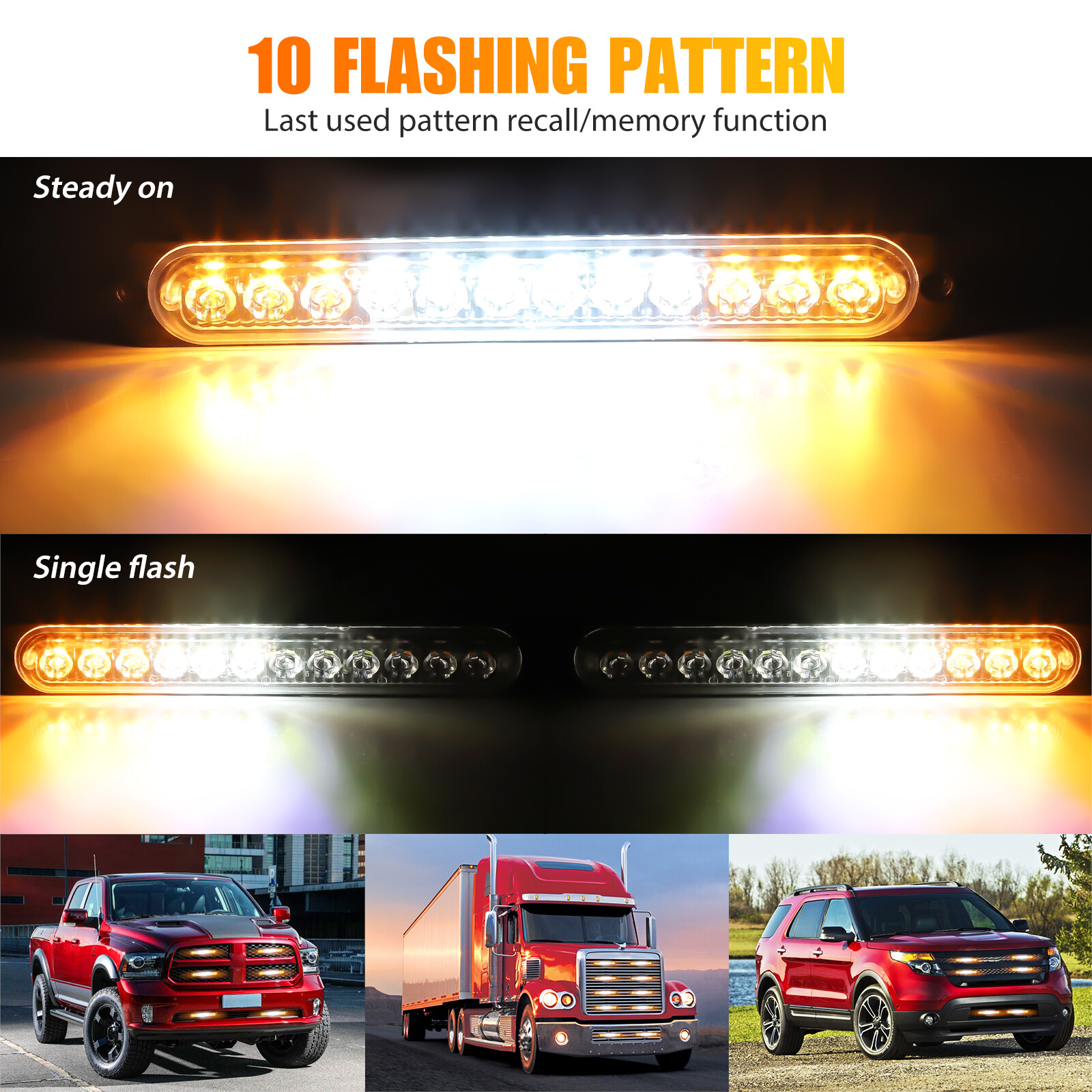 4PCS Amber/White 12 LED Car Truck Strobe Light Bar Flashing Warning Hazard Lamps