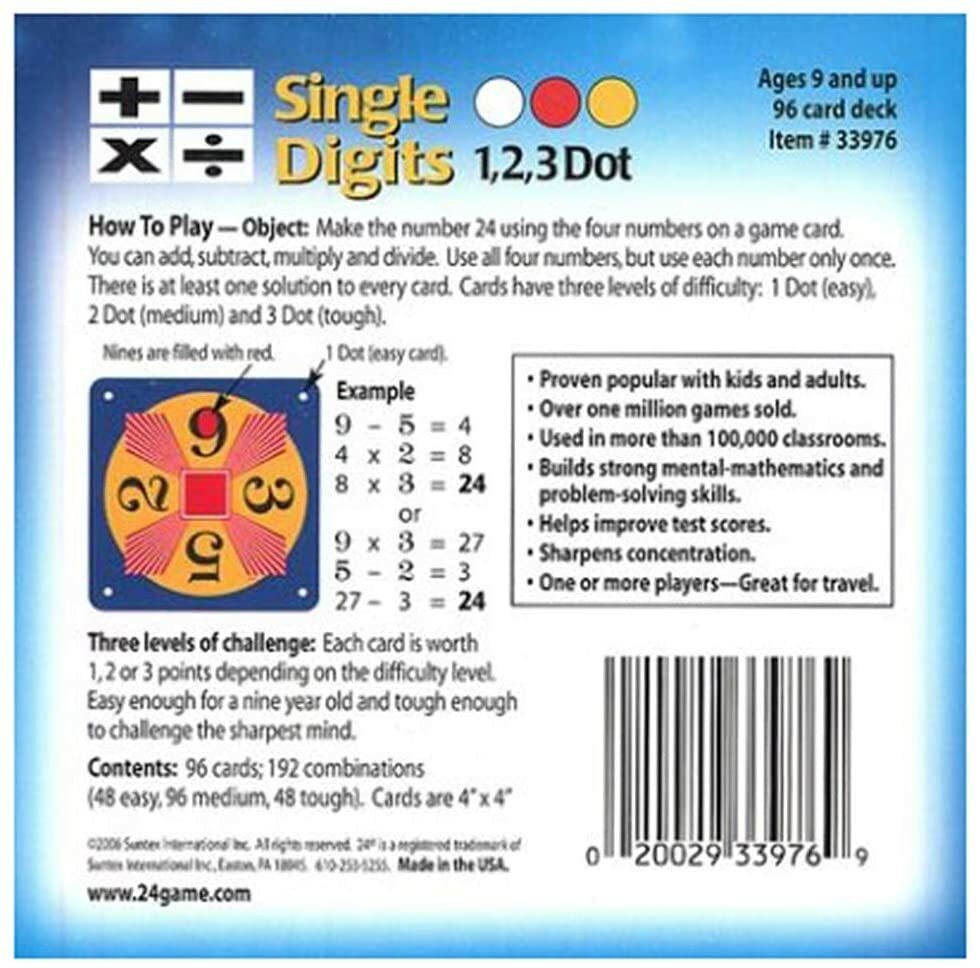 NEW 24 Game 96-card deck: Single Digits Math Card Game