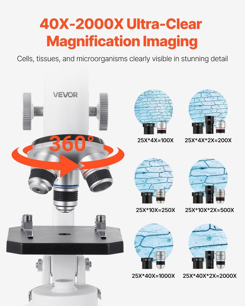 VEVOR Microscope for Kids Adults, 40X-2000X Professional Compound Microscope Mob