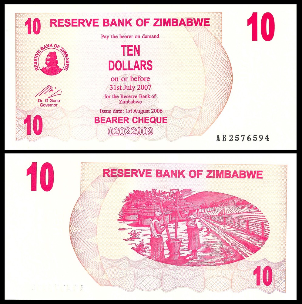 ZIMBABWE 10 DOLLAR 2007 P 39 UNC