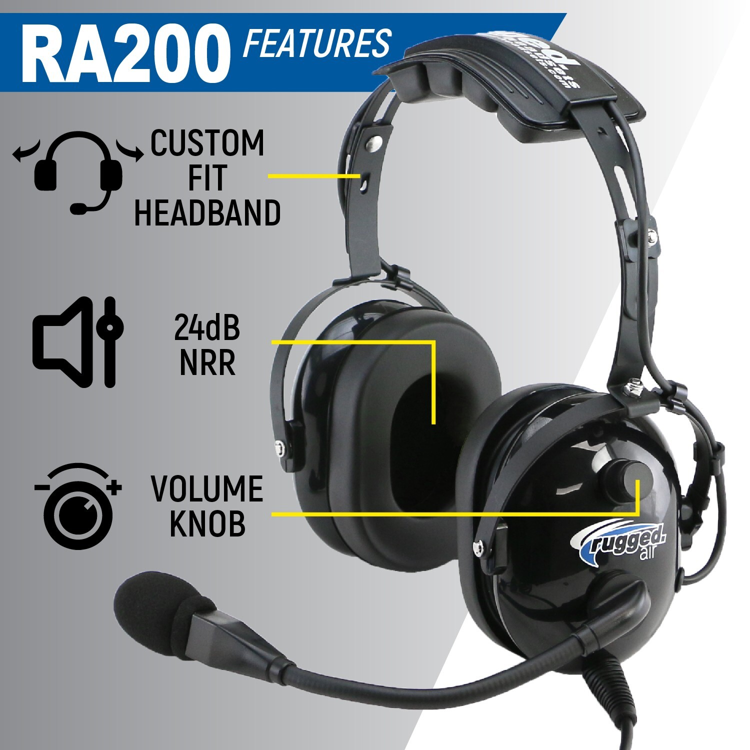 Rugged Air RA200 General Aviation Pilot Headset w/ MP3 Music Input A20 X GA Plug