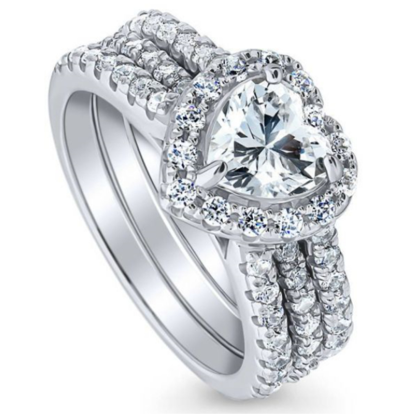 Sterling Silver AAAA Cubic Zirconia Heart Shaped Insert Ring Set