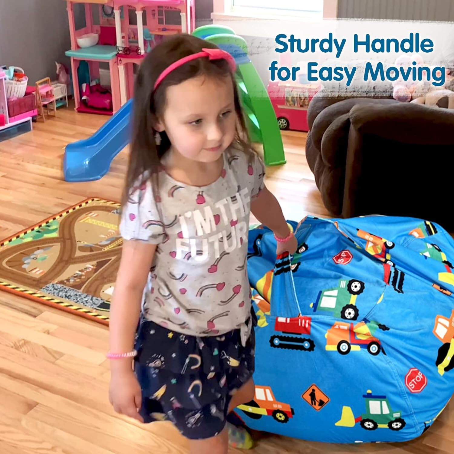 Kids Blue Velvet Bean Bag Cover Plush Stuffable Storage Construction Truck XL