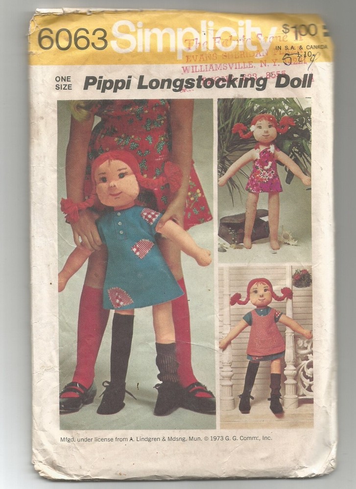 6063 Simplicity Sewing Pattern Pippi Longstocking Doll Vintage 1970s