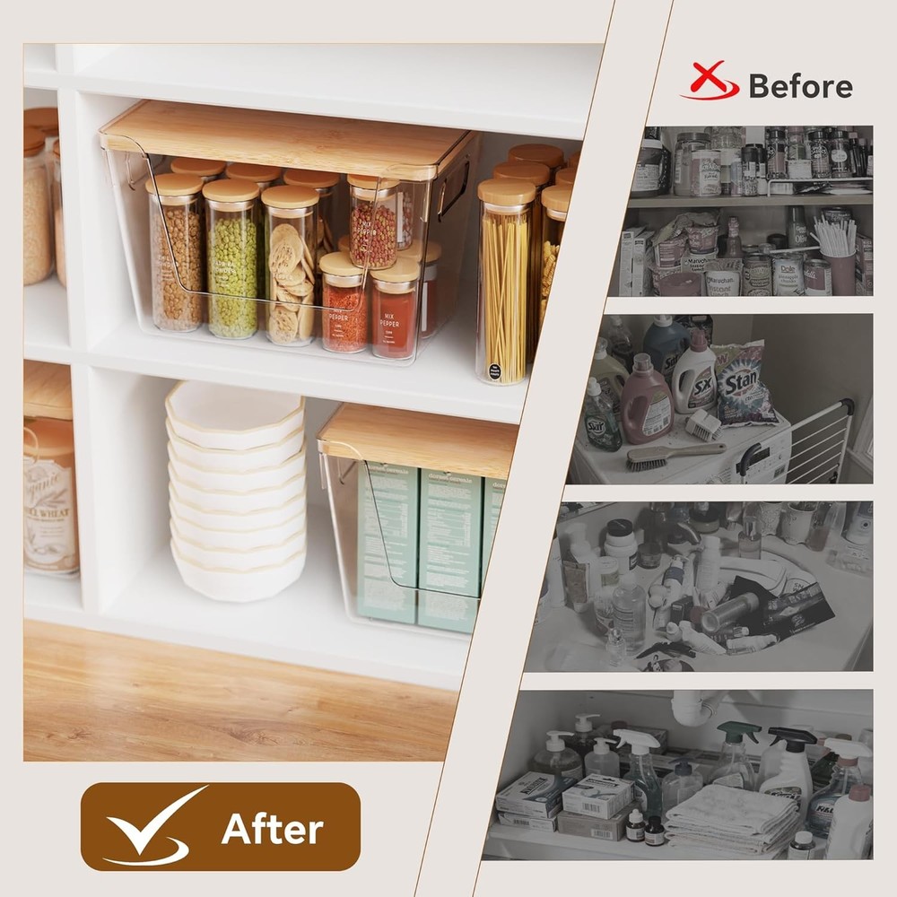 2 Set Pantry Organizers & Storage W/ Bamboo Lids Stackable Clear Bins Onion