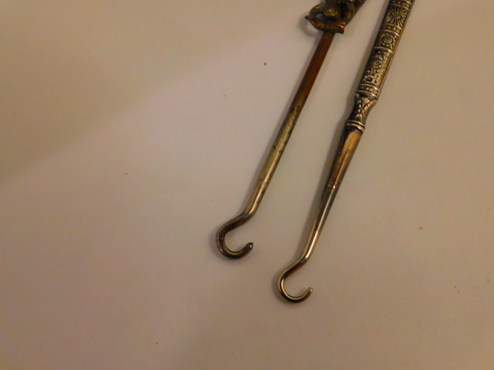 2 Vintage Metal Shoe Button or Glove Hooks Gargoyle & Etched Handles Unusual