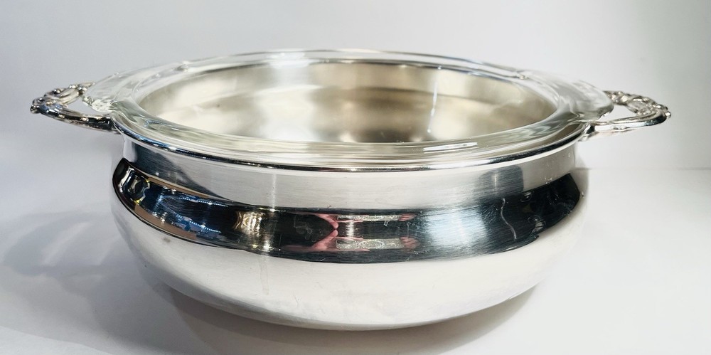 VTG Leonard Silver Plated Casserole Dish w/Glass Pyrex Corning 2 Qt. Insert