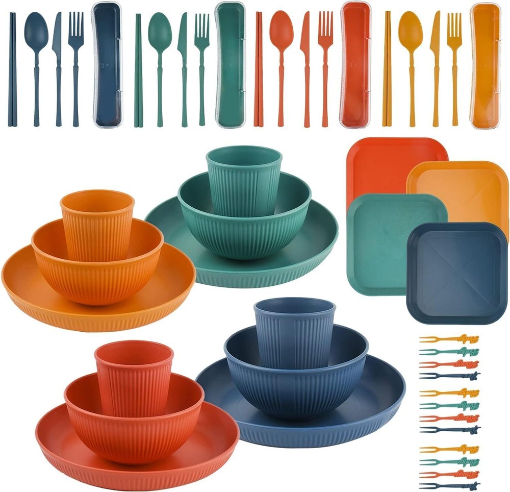 48Pcs Wheat Straw Dinnerware Sets, Unbreakable Plastic Plates and Bowls Sets, 4