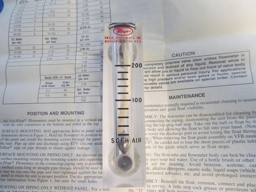 New Dwyer Visi-Float Flowmeter VFA-9 20-200 SCFH