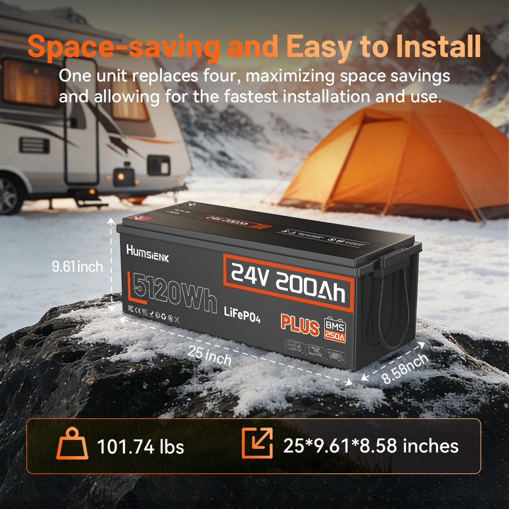 HumSienk 5120Wh 24V 200Ah LiFePO4 Battery 250A Deep Cycle BMS Solar Off-grid