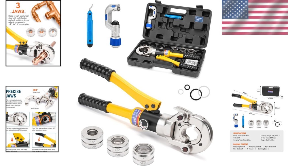 1/2, 3/4, 1" PEX Press Crimping Tool with Pipe Cutter - Automatic Locking Design