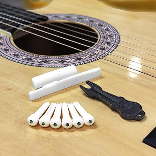 6-String Acoustic Guitar Bone Bridge Saddle & Nut, 6 Bridge Pins + Puller Tool
