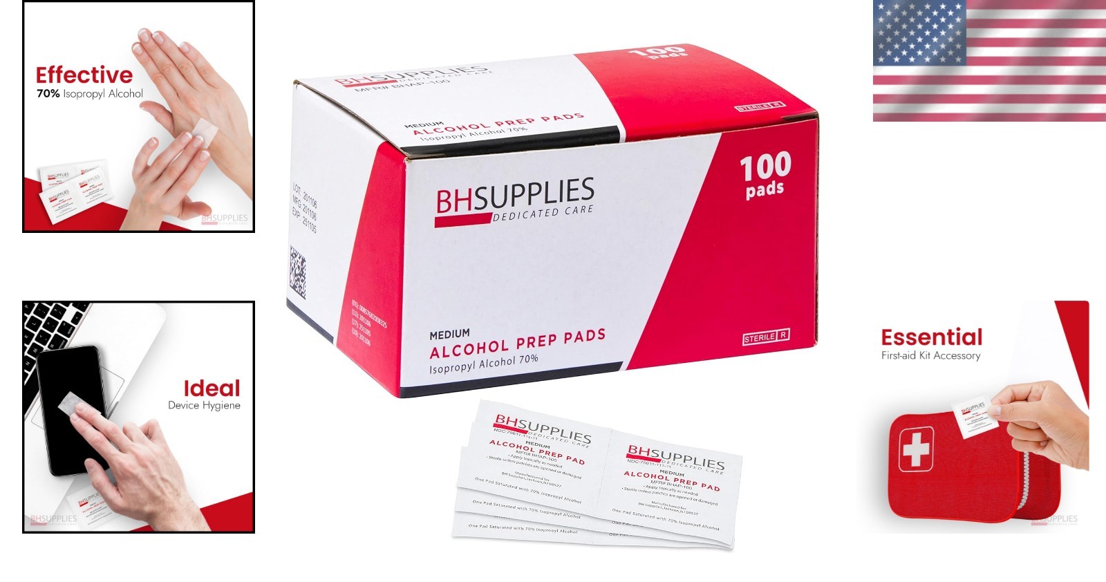 Individually Wrapped Alcohol Prep Pads | 100-Pack of 70% Isopropyl Alcohol Wipes