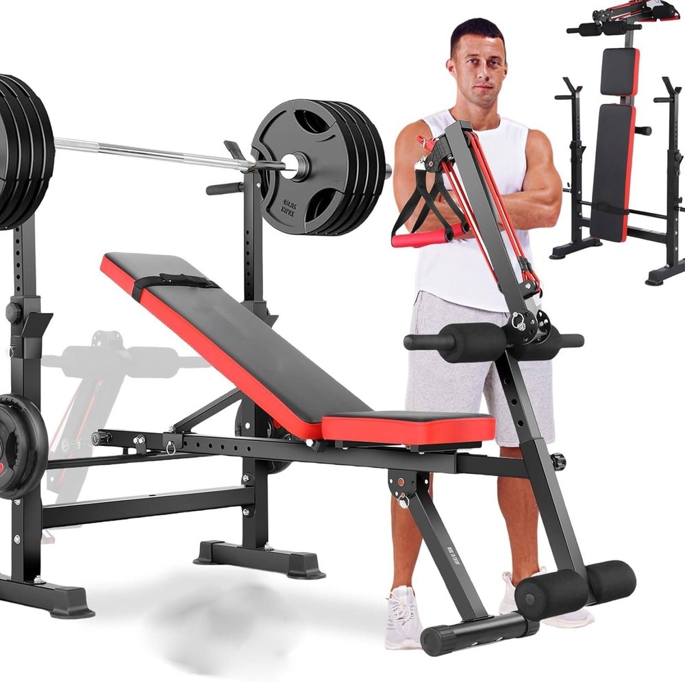 600lbs/900lbs Weight Bench Set with Squat Rack Adjustable Foldable Workout Bench