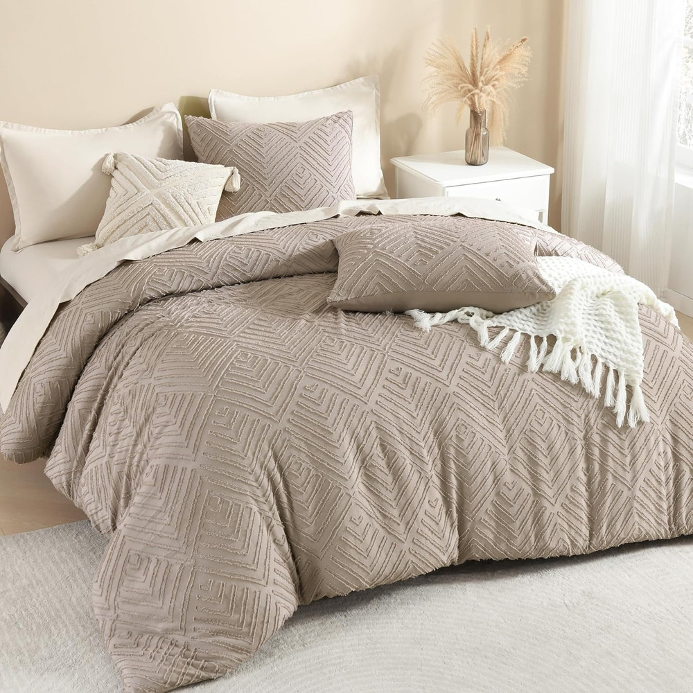 King Size Light Coffee Tufted Boho Comforter Set, 3 Pieces