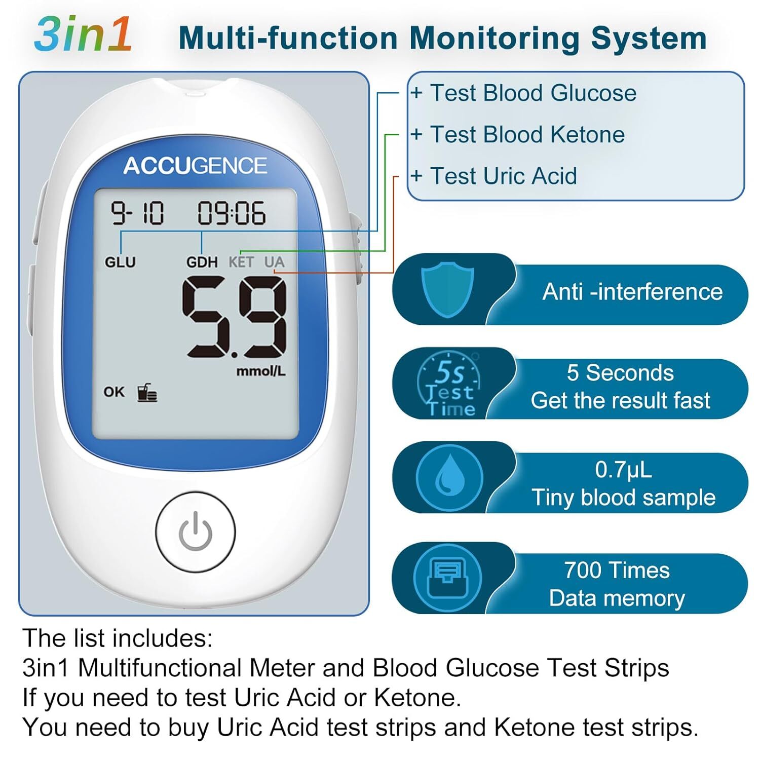 5 Second 3in1 Home Blood Ketone Tester Blood Glucose Meter Uric Acid Test lty
