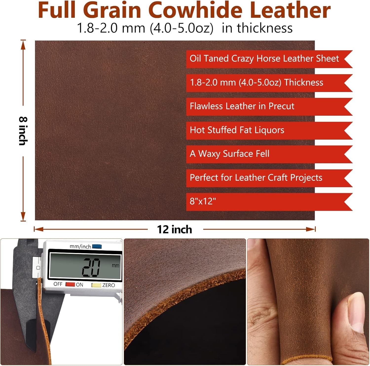 Leather Tooling Sheets 1.8-2.0MM Thick Genuine Full Grain Oil Tan Cowhide 8"x12"