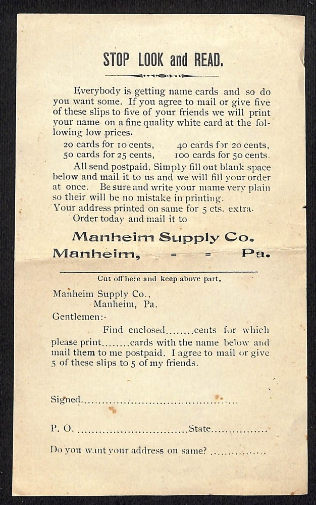 Manheim Supply Co. PA "Stop Look and Read" Chain Mail Name Card Offer Form c1929