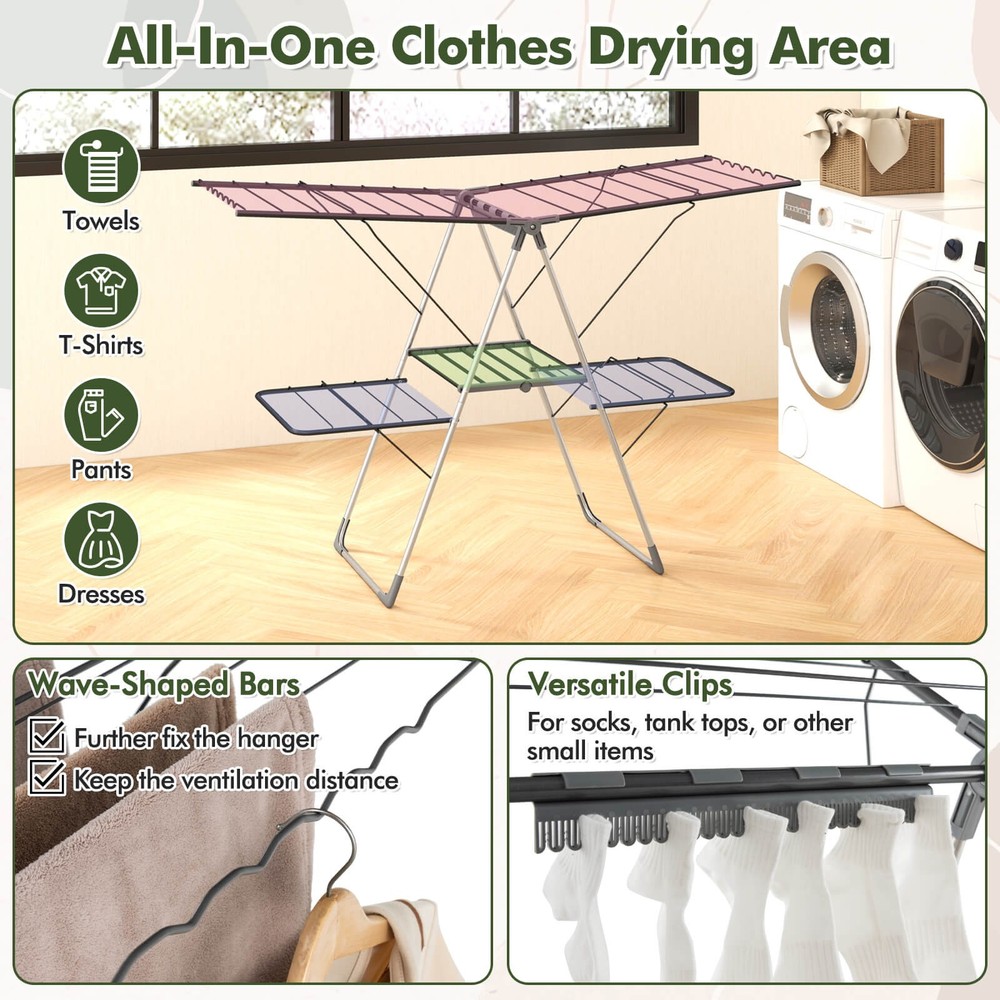 2-Tier Clothes Drying Rack w/ 33 Drying Rails Height Adjustable Gullwings