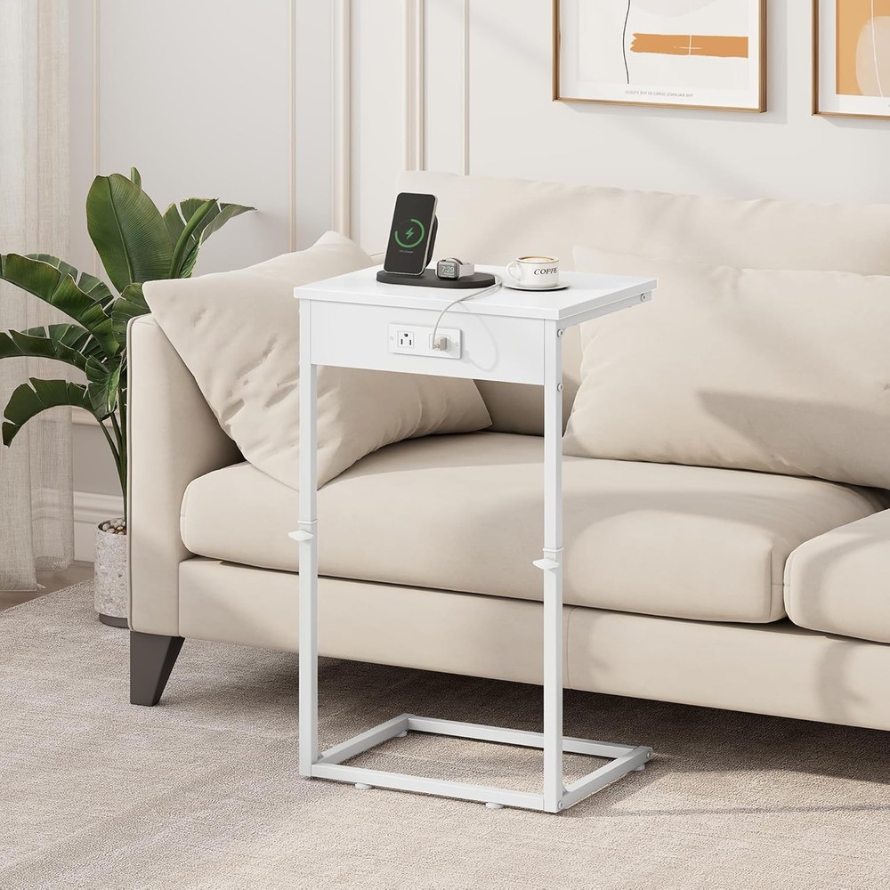 C Shaped End Table W/ Charging Station Adjustable Height Side Table Couch Small