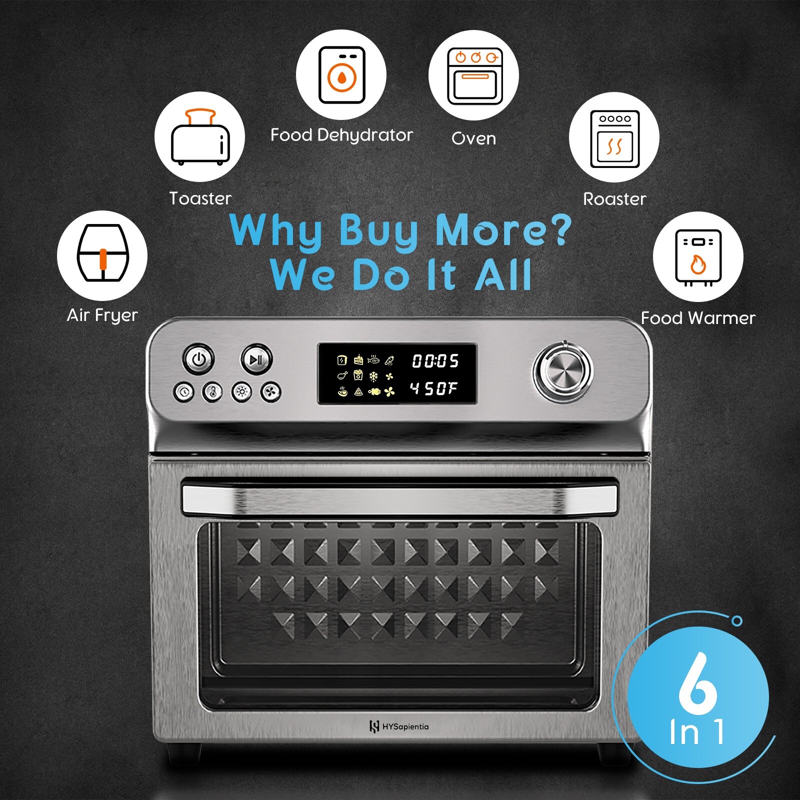 HYSapientia 26QT Stainless Steel Air Fryer Oven With Rotisserie 1800W Mini Oven