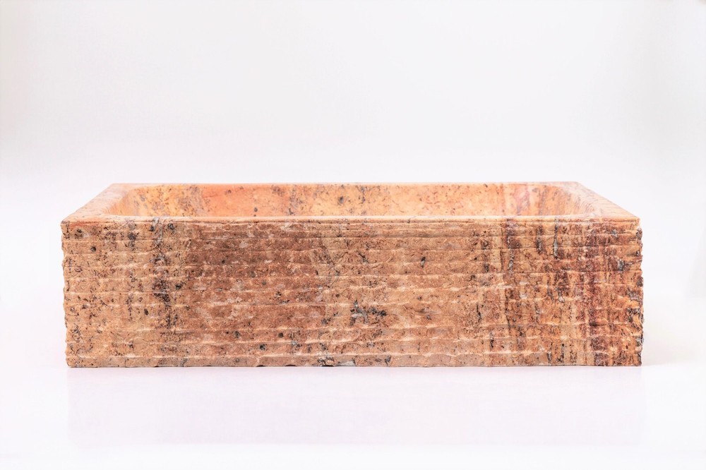 Natural Stone Vessel Bathroom Sink - Rustic Rectangular Peach Travertine