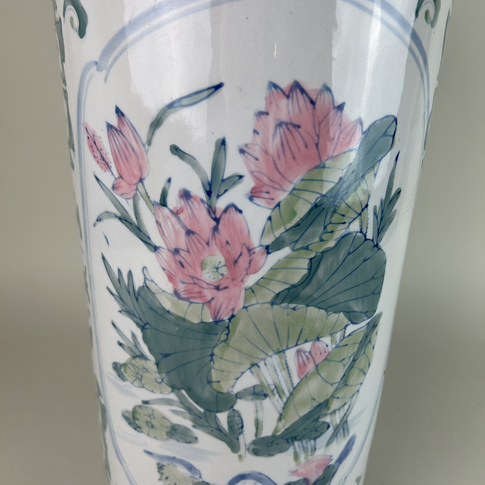 Vintage Ceramic Umbrella Stand 18” Asian Design Floral Birds Flowers