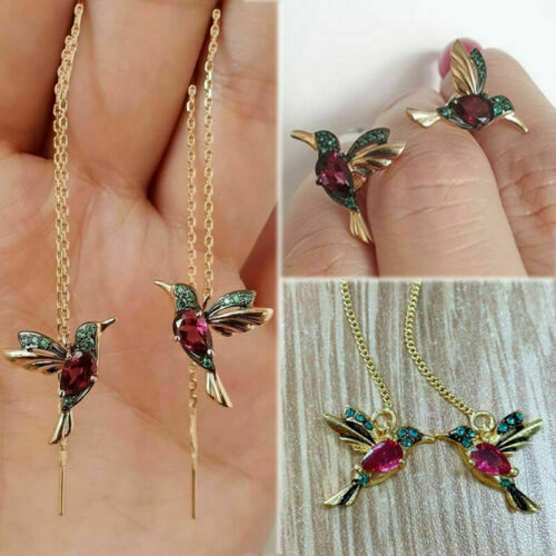Silver Plated Drop Tassel Hummingbird Earrings Stud Threader Dangle Lab-Created