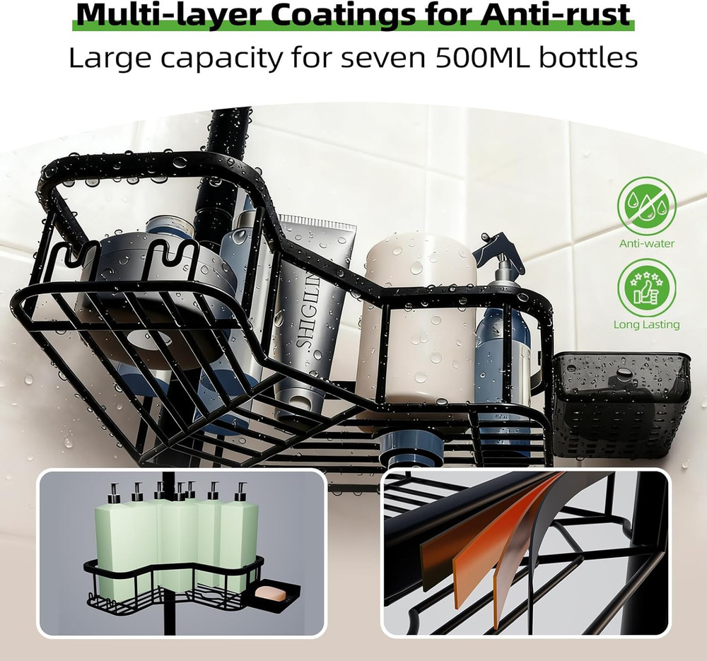 Adjustable 4-Tier Corner Shower Caddy with No-Drill Installation, Black