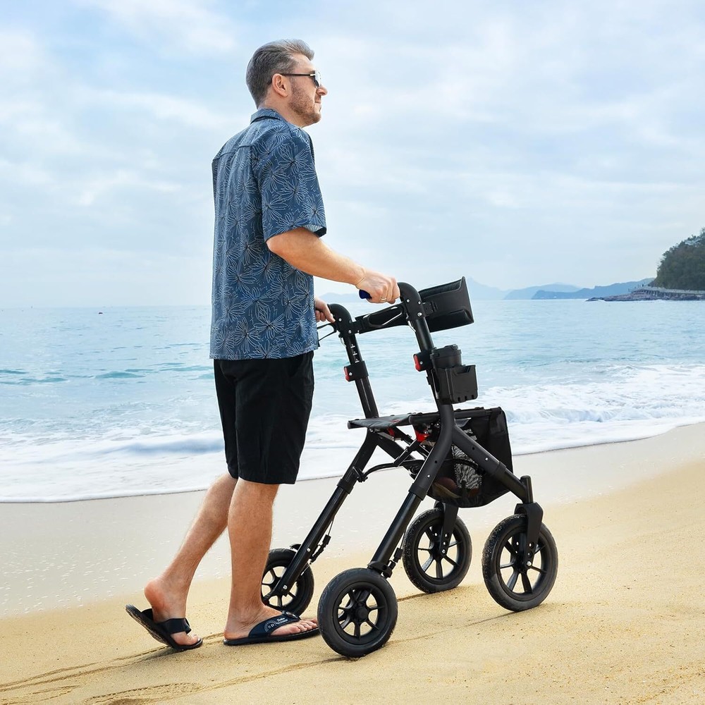 12" Rubber Wheels All-Terrain Rollator Walker w/Seat Backrest Folding Adjustable