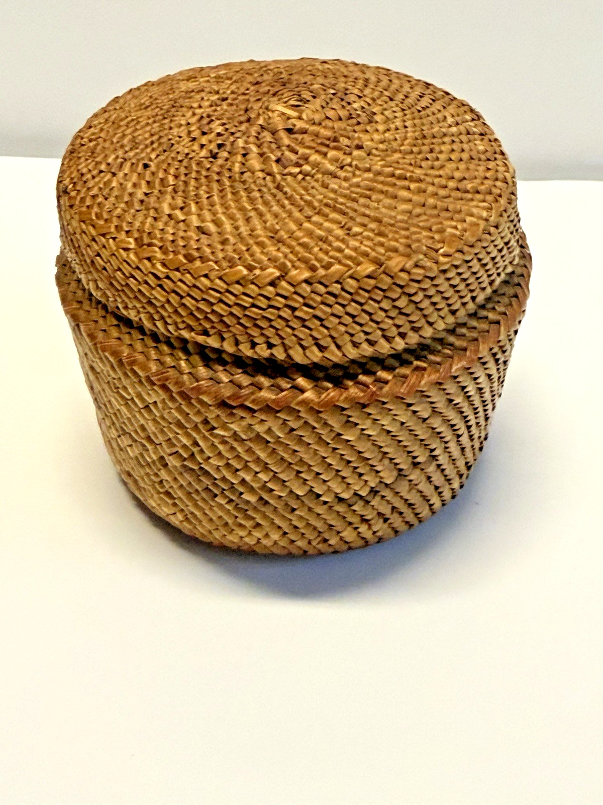 Native American Indian Weaved Lidded Nootka Basket; Small 3"; Early 1900's; #B20