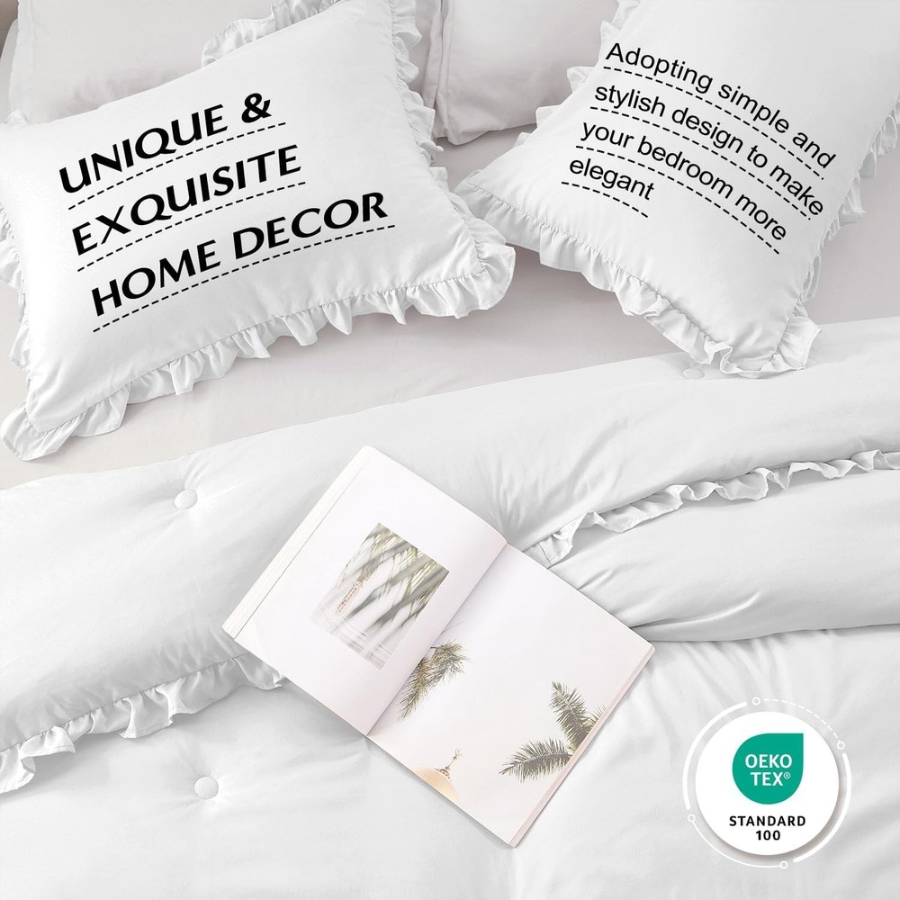 HARBOREST Queen Comforter Set White - Ruffle for Queen,