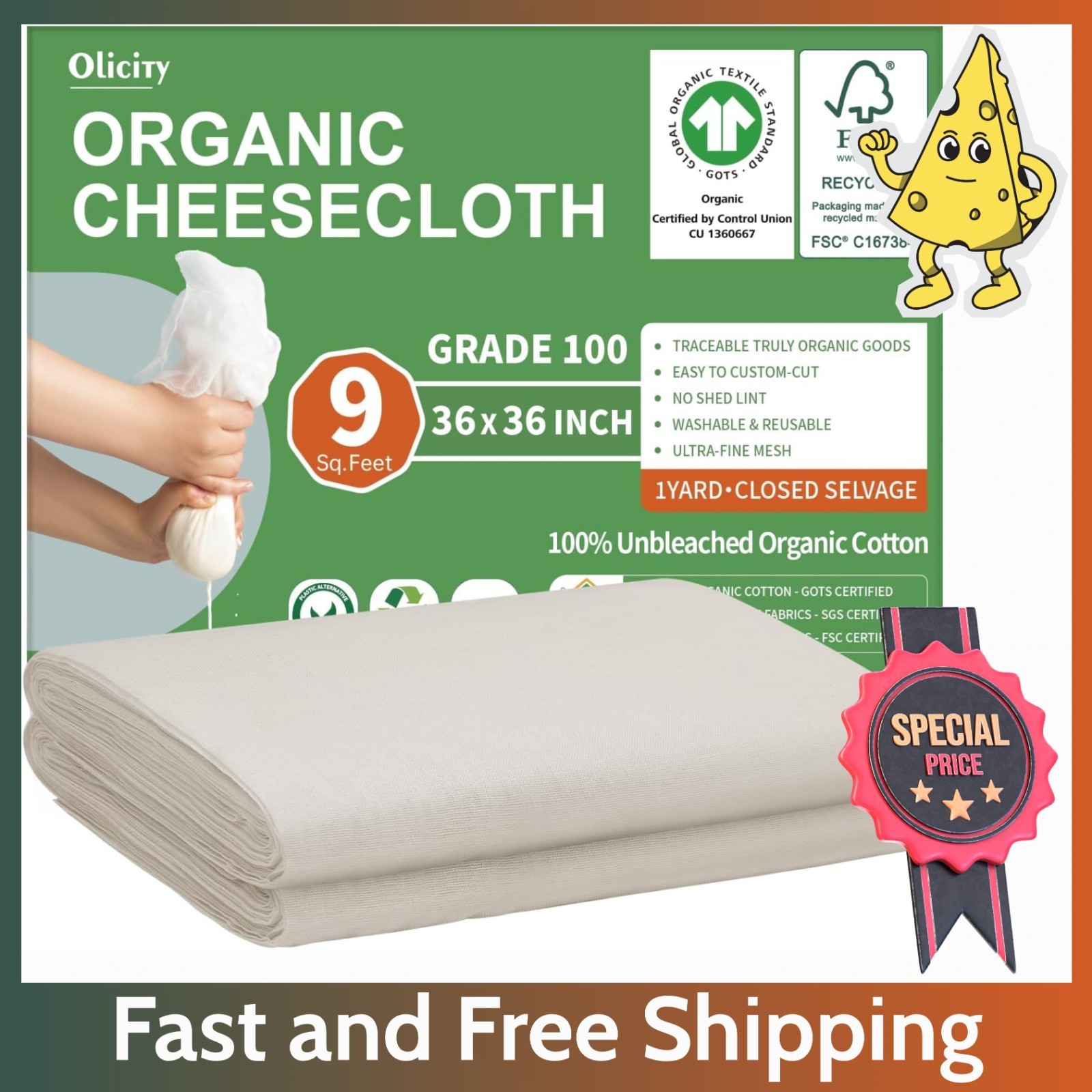 Organic Cheese Cloth 36x36”– GOTS Certified, Grade 100, Unbleached Cotton Muslim