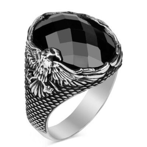 Solid-925 Sterling Silver | Handmade Faceted Black Onyx | Eagle Men's Ring Gift
