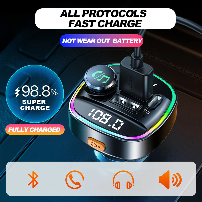 Bluetooth 5.0 Car Wireless FM Transmitter Adapter USB PD Charger AUX Hands LOT