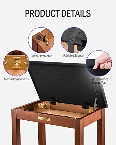 Piano Bench with Storage, Solid Wood Keyboard Bench Piano Bookcase Stool Brown