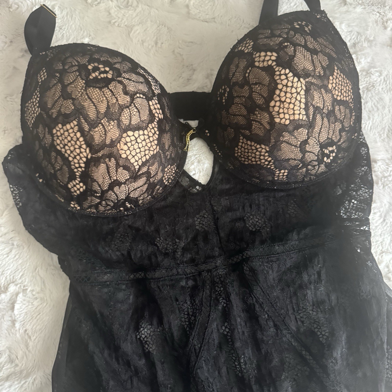 Rachel Roy Black Lace Lingerie Padded Cups Adjustable Thong 2XL