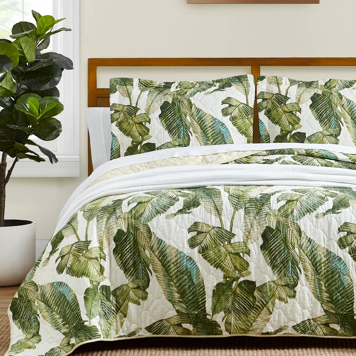 Queen Quilt Set Green Coastal Botanical Tropical Floral Bahama Exotic Leaves 3Pc