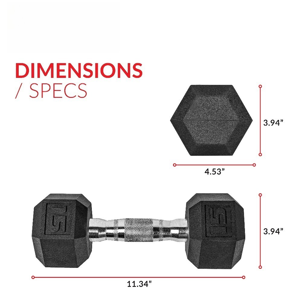 (2 pack) 15lb Rubber Hex Dumbbell, Single