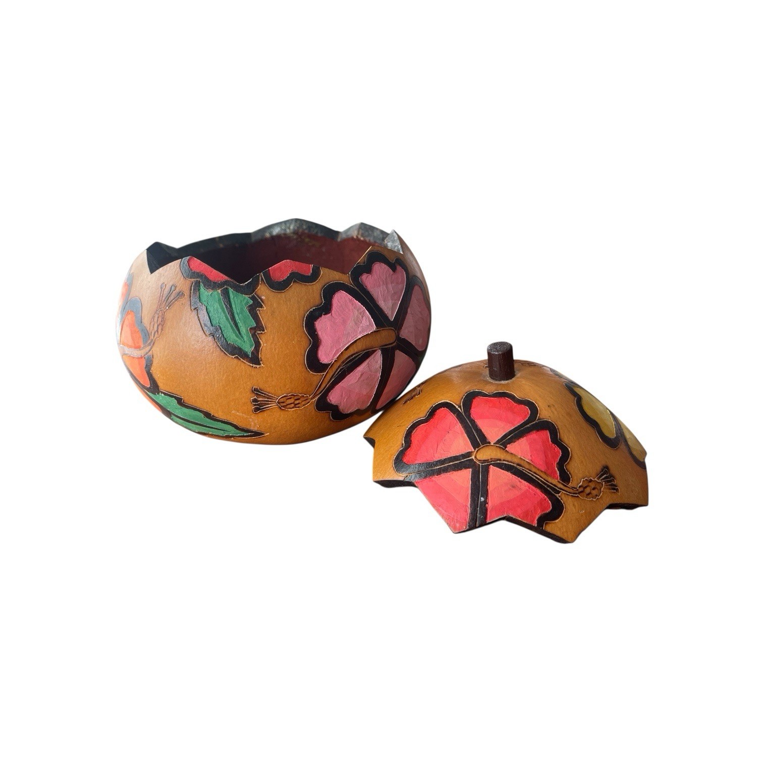 Peruvian Hibiscus Bowl Hand Carved Gourd Floral Trinket Lid Lucuma Folk Art Deco