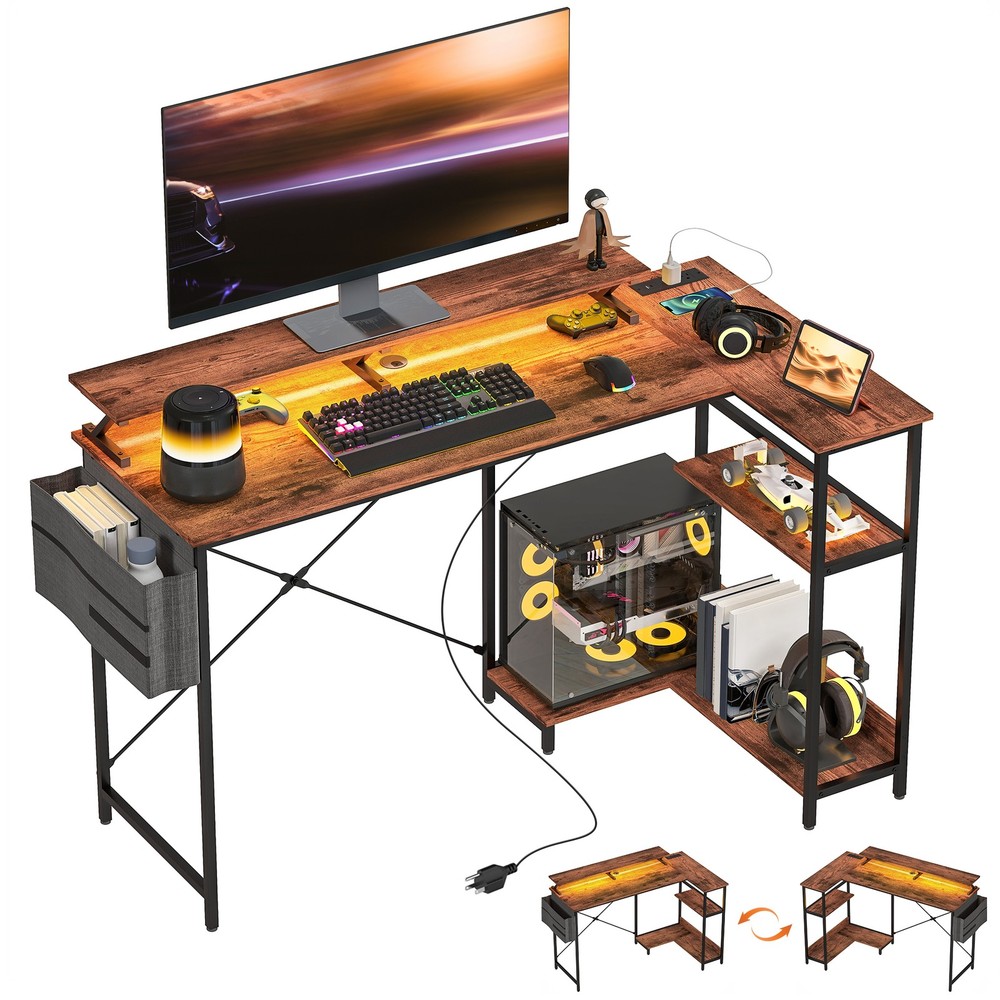 58" Reversible L Shaped Desk, Corner Computer Desk, Rustic Brown