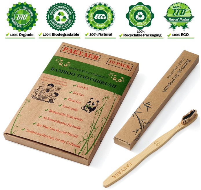 Bamboo Toothbrushes 10 Pack Biodegradable Soft Medium Charcoal Bristles