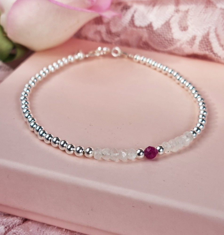 925 Sterling Silver MOONSTONE and RUBY Bracelet Birthstone
