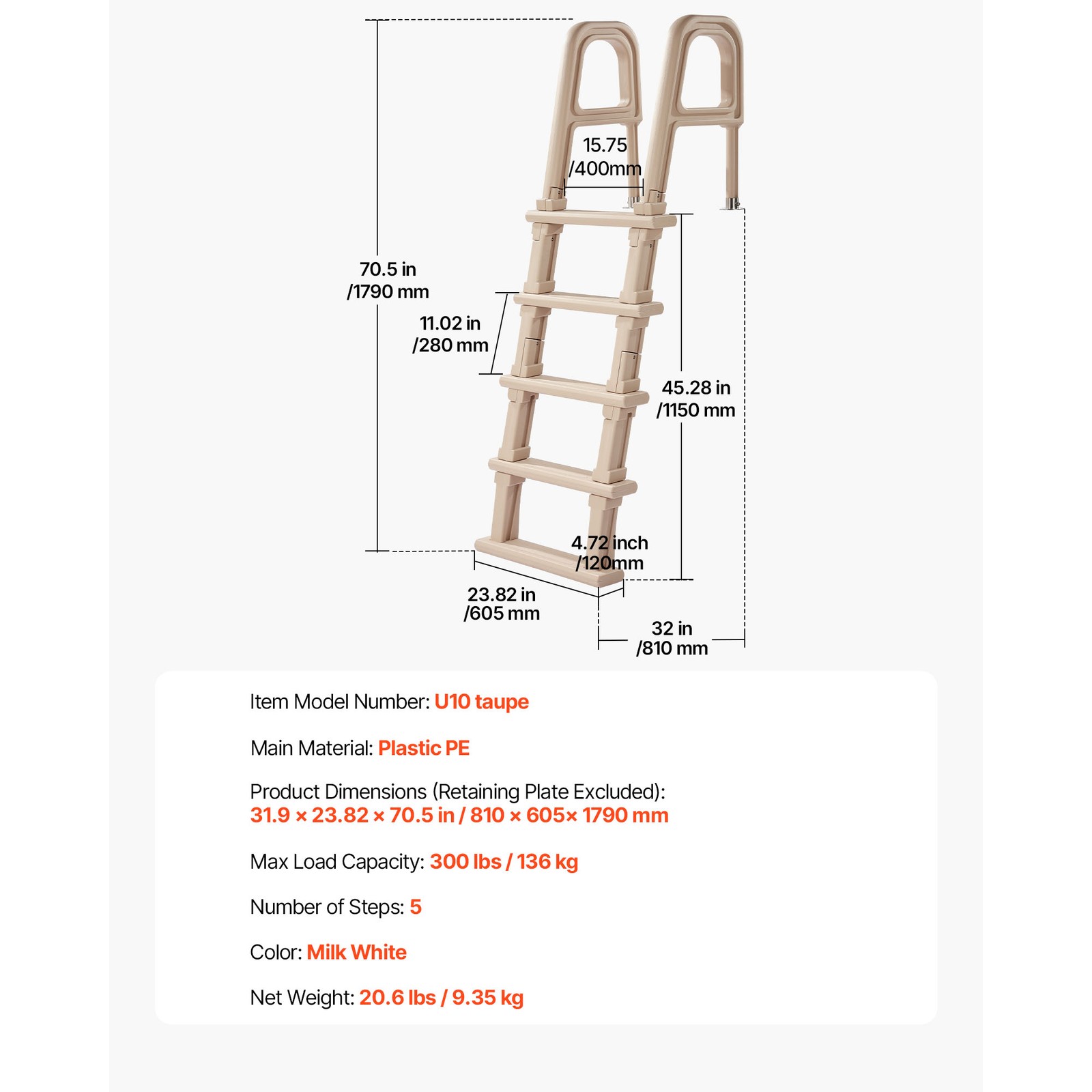 Uimoso Pool Ladder with Angled 5 Steps, Dual Handrails, 48-54in, 300lbs, Taupe