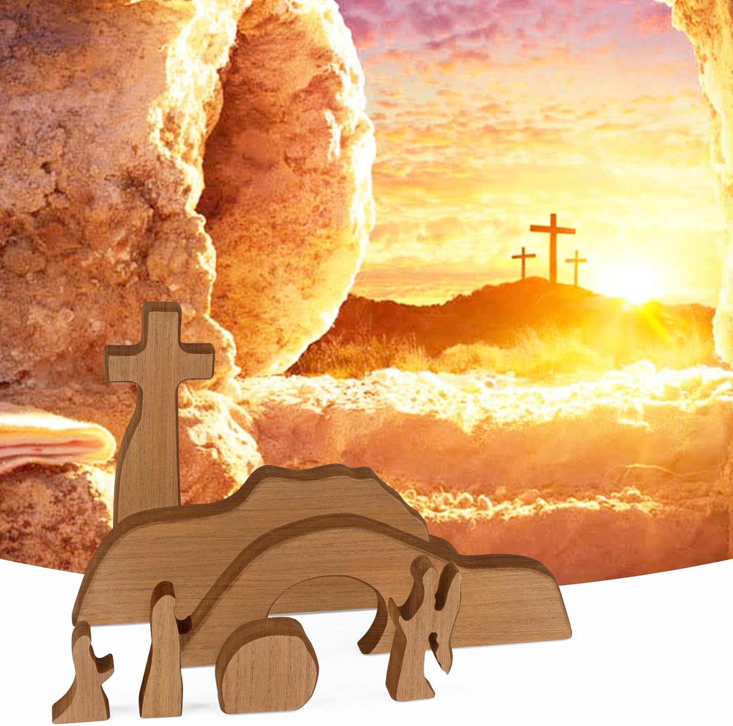 Empty Tomb Easter Scene and Cross Decoration, Wooden Easter Resurrection Scene S