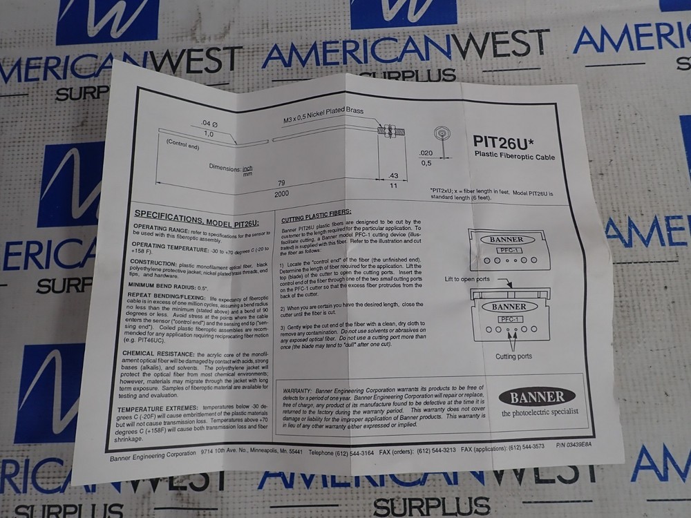 PIT26U Banner Fiber Optic Sensor Head New In Box
