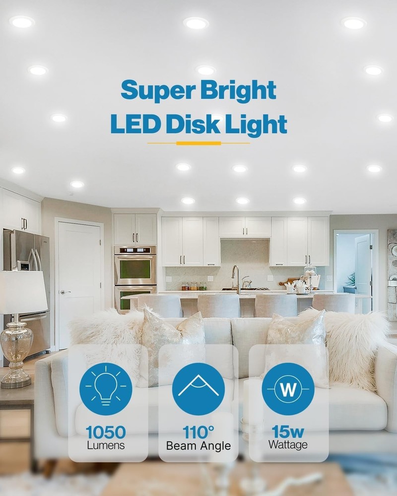 Dimmable 5/6 Inch LED Disk Lights, 1050 LM Warm White Flush Mount - 4 Pack
