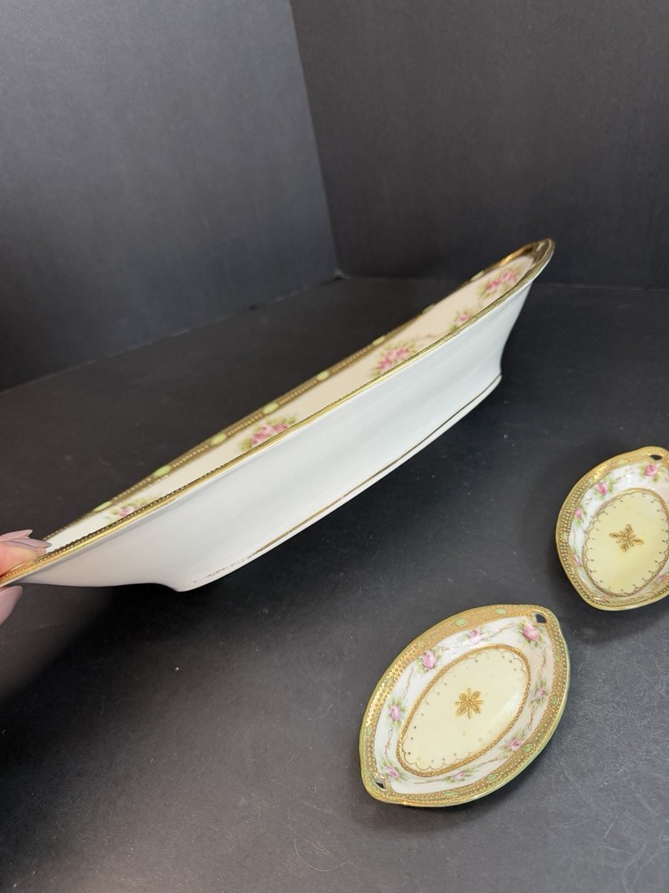 Antique Hand Painted Nippon Celery dish, open Salt Cellars Morimura