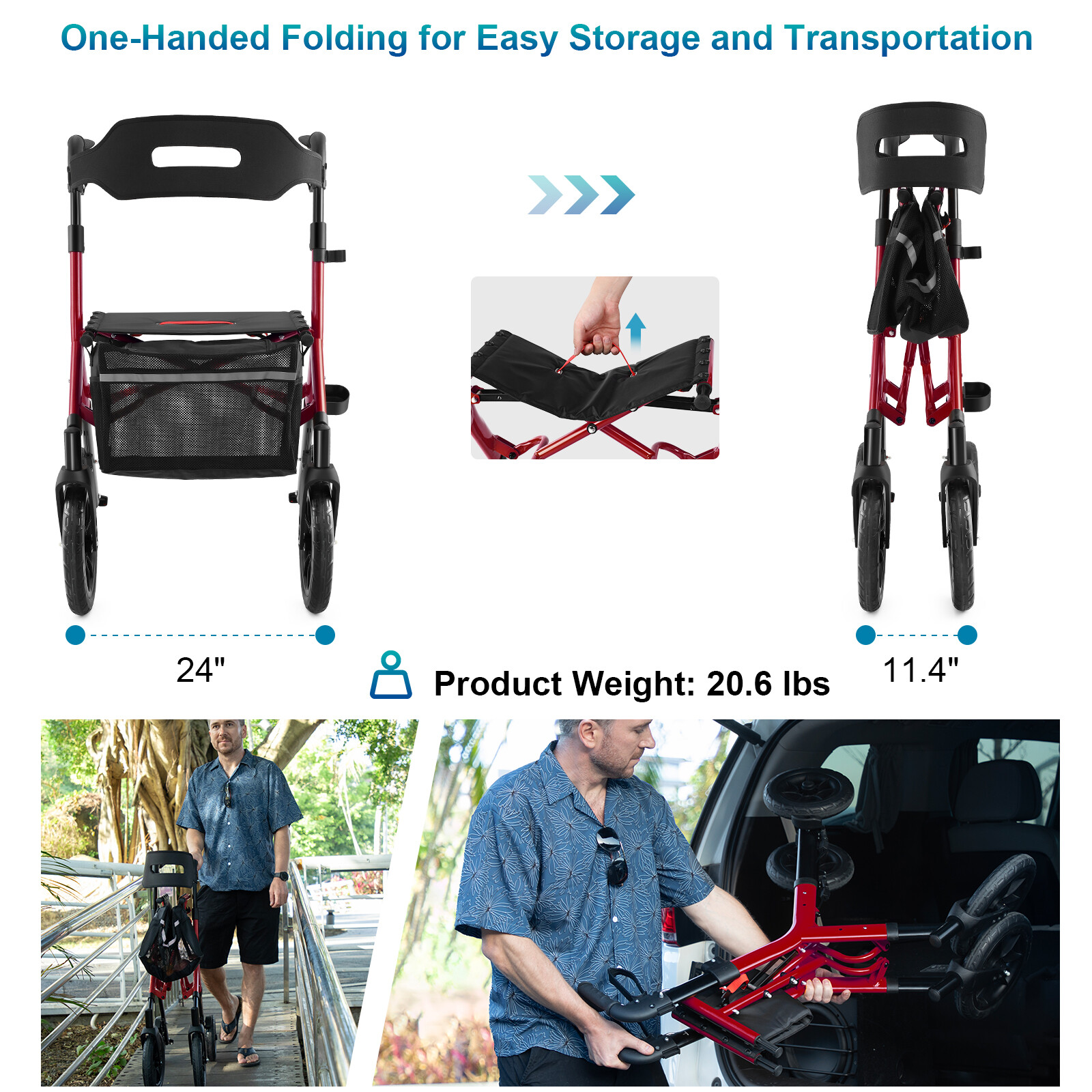 All-Terrain Rollator Walker with 12inch Rubber Wheels, Seat & Backrest, Foldable