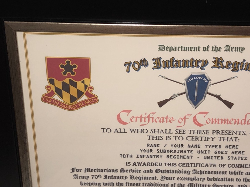 70TH NFANTRY REGIMENT / COMMEMORATIVE - CERTIFICATE OF COMMENDATION
